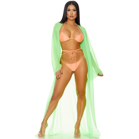 Sheer Mesh Kimono Long Swim Coverup Neon Green - Picture 3 of 5